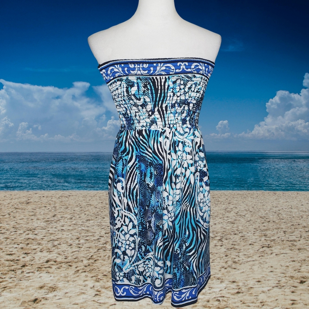 Cache Vintage 80's Ocean Blues Strapless Dress